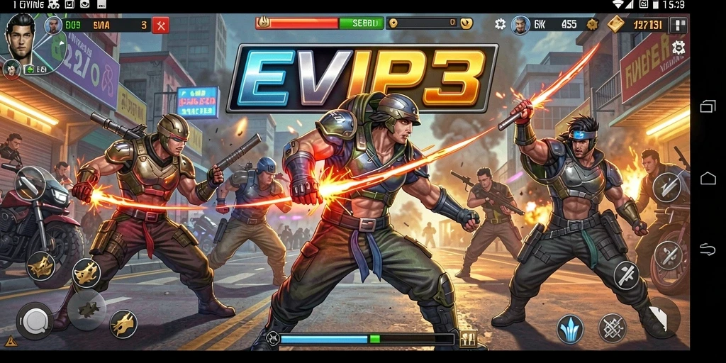 Tangkapan layar utama menampilkan aksi mendebarkan dalam EVIP3.