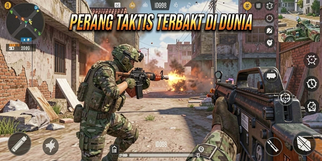 Screenshot utama ID098 menampilkan aksi pertempuran seru dalam mode TPS.