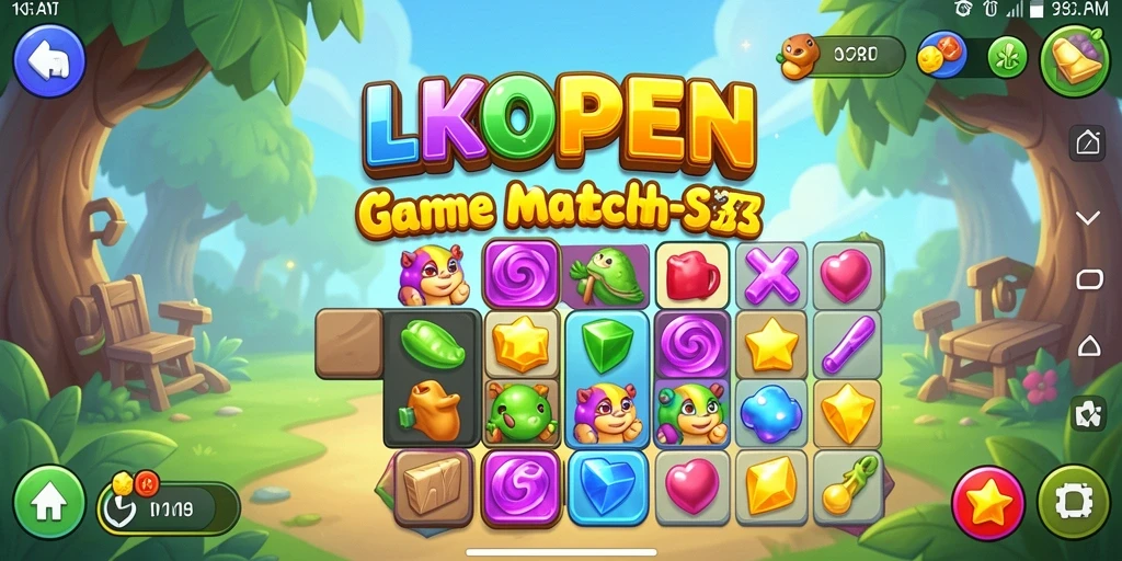 Tangkapan layar permainan LKOPEN menunjukkan kombinasi warna-warni dalam gameplay Match-3.