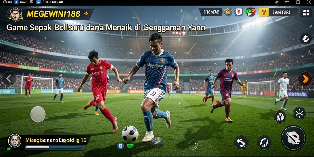 Screenshot menunjukkan gameplay seru dari MEGEWIN188 dengan aksi sepak bola yang intens.