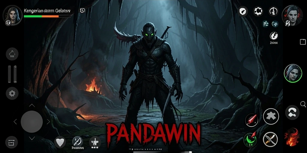 Tangkapan layar gameplay PANDAWIN menampilkan suasana horror yang mencekam.