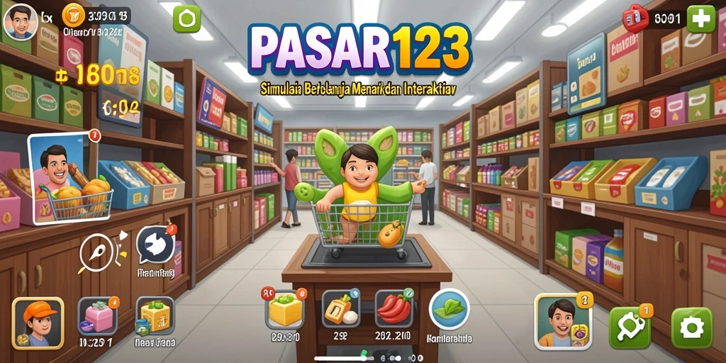 Screenshot utama PASAR123 menampilkan pemain sedang berbelanja di pasar virtual.
