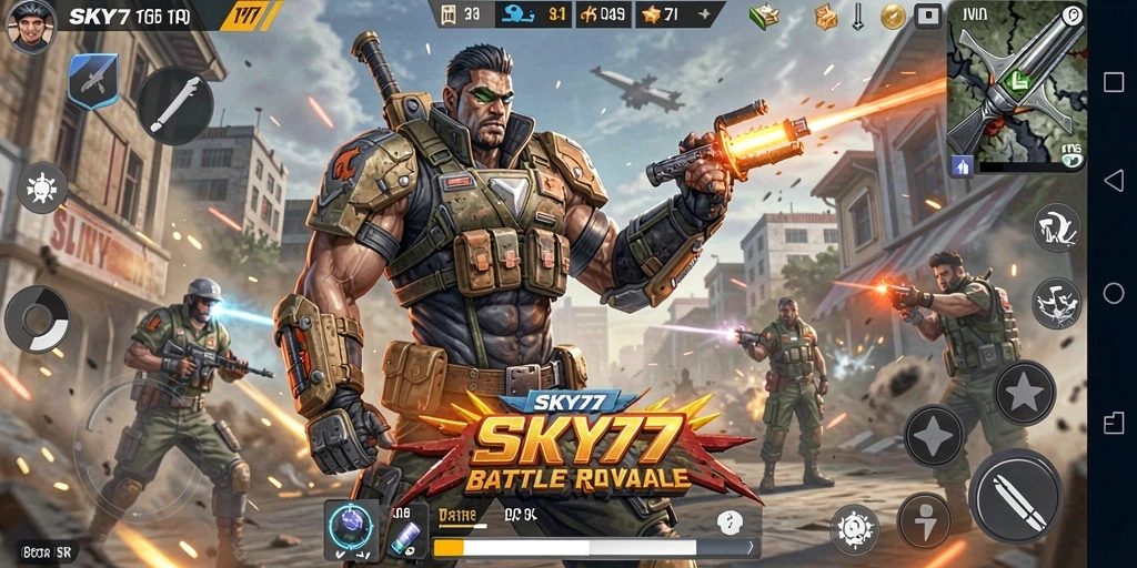 Menampilkan gameplay SKY77 yang seru dan mendebarkan dalam pertarungan Battle Royale.